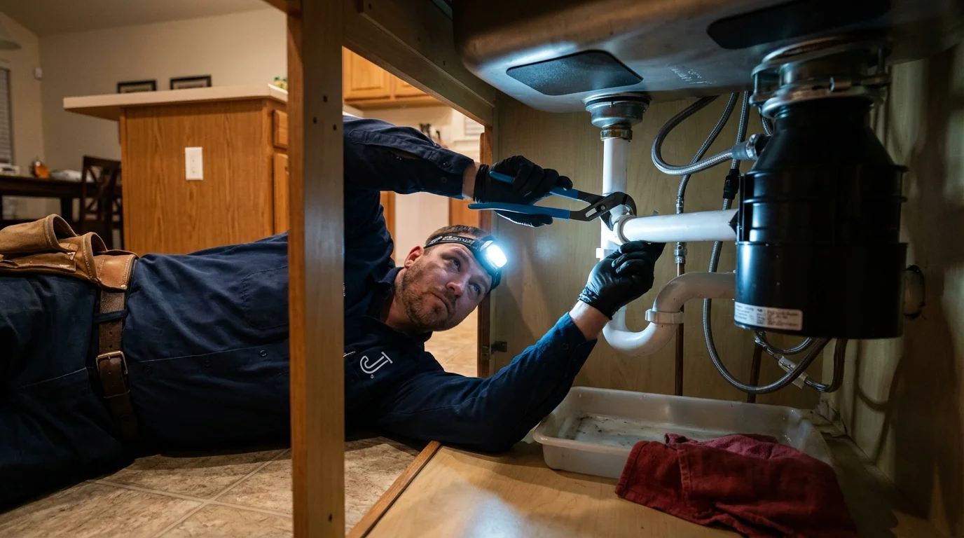 P-trap and supply line connections under a kitchen sink showing a common leak point in Urbana, OH